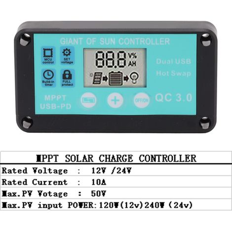 MPPT-Solarladeregler mit zwei USB-Anschlüssen, 10 A, 12 V/24 V für den Heim- und Industrieeinsatz (1/5)