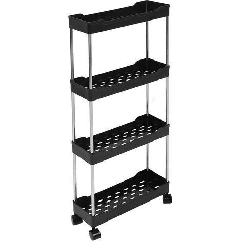 Chariot de rangement mobile étroit à 4 niveaux pour salle de bain, étagère mobile, chariot utilitaire, tour de rangement pour cuisine et buanderie, idéal pour les espaces étroits, noir. (1/5)