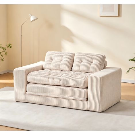 Canapé-lit 2 places en velours côtelé– Canapé convertible – Rembourré en mousse à mémoire de forme – Fonction 2-en-1 sans assemblage – Dimensions 140 × 85 × 54 cm – Beige (1/5)