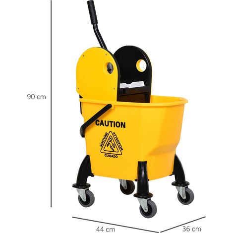 Chariot de nettoyage, seau à roulettes, seau de nettoyage, chariot à serpillière avec essoreuse, 26 litres, jaune, 44 x 36 x 90 cm (1/5)