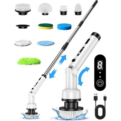 Brosse de nettoyage électrique, 9 têtes, longueur et angle réglables, moteur puissant à 3 vitesses, brosse rotative sans fil pour salle de bain, cuisine et voiture.