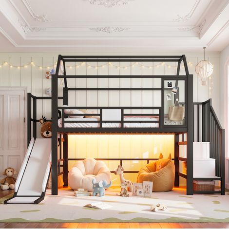Cama alta infantil 90x200 cm de metal negro, ahorra espacio, sin colchón FloraGrace (1/5)