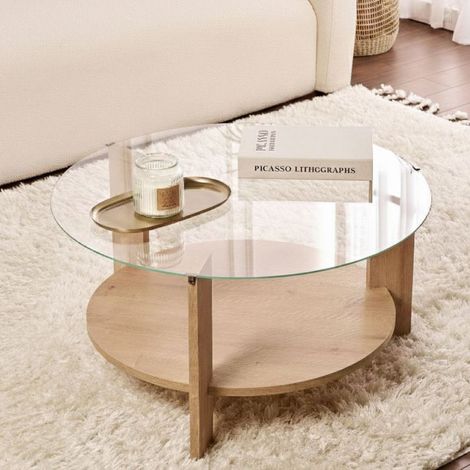 Coffeetisch Canevino, Rundform, Glasplatte, Klarglas, 75x75x40h cm, Eiche Braun (1/5)