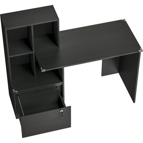 Bureau informatique avec bibliothèque 4 compartiments et tiroir verrouillable, plateau 100 x 50 cm, noir, meuble gain de place pour télétravail - CHICFURN (1/5)