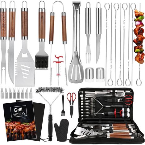 34-teiliges Grillzubehör-Set, Camping- und Grillutensilien, Grillmatte und Handschuhset, Braun
