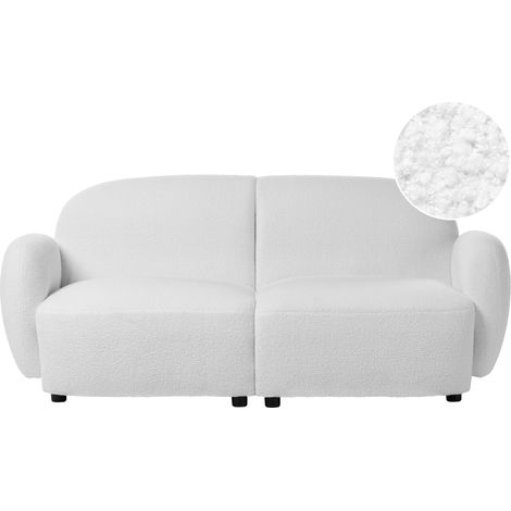 Sofá de 3 plazas de estilo retro con respaldo y reposabrazos redondeados de bouclé patas de plástico salón blanco crema Jule (1/5)