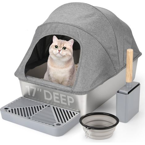 Bac à litière fermé en acier inoxydable pour chat avec couvercle Oxford, 61 cm (L) x 40,6 cm (l) x 43,2 cm (H) - Bac à litière extra large pour grands chats, anti-fuite, contrôle des odeurs avec pelle (1/5)