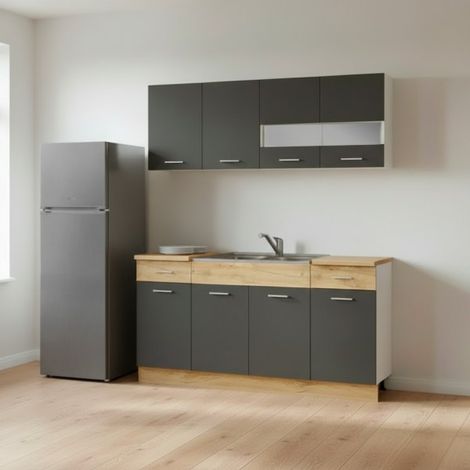 Cucina monoblocco 160 cm Erika in colore grigio matera e rovere con fianchi bianchi