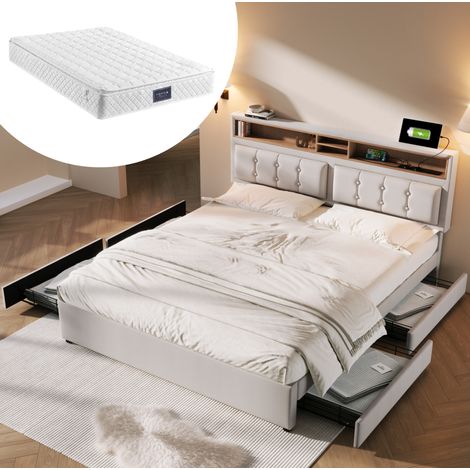 Cama tapizada de lino beige 160x200 cm con colchón, 4 cajones, cabecero ajustable y USB/Tipo-C (1/5)