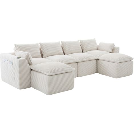 Sofá modular de 4 plazas en pana beige con 2 pufs, cojines, portavasos y bolsillos laterales (1/5)