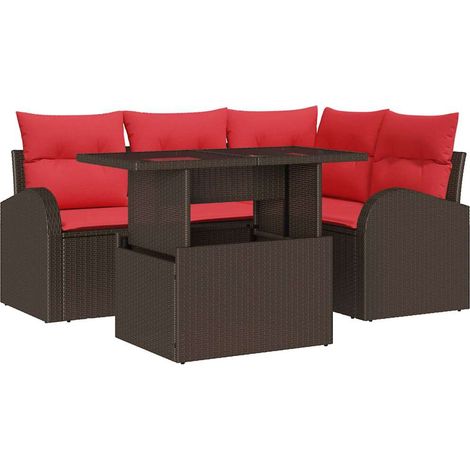 Garden Sofa Set with Storage 5 pcs Brown and Red Poly Rattan vidaXL