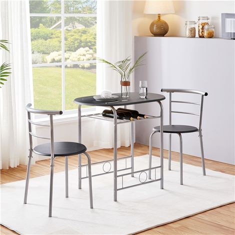 Homevive Juego Mesa de Cocina con 2 Sillas de Comedor Conjuntos de Mueble de 3 Piezas con Vino Estante Negro