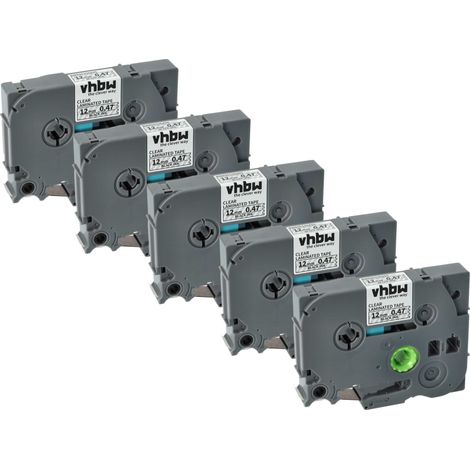 vhbw 5x Label Tape compatible with Brother PT 2610, 2700, 2700VP, 2710, 2500PC, 2600 Label Printer 8m x 12 mm, Black on Transparent, plastic (1/5)
