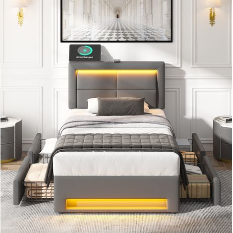 Cama con arcón 90x190 cm de PU gris, LED y USB, sin colchón FloraGrace (1/5)