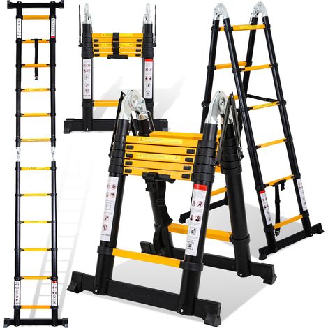 SWANEW Scala telescopica Alu nero Scala pieghevole 1,9M+1,9M A Scala a telaio con barra di sostegno Scala in alluminio Estensibile Scala scorrevole Antiscivolante Scala multiuso Carico fino a 150 kg (1/5)