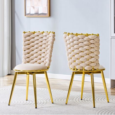 Chaise de salle à manger avec dossier en corde tressée, assise rembourrée, pieds en métal doré, velours - beige (1/5)