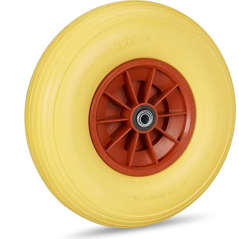 Roue de brouette Caoutchouc 4.00-6, de Rechange axe, increvable, essieu, 3 adaptateurs, 100 kg, Jaune-Rouge (1/5)