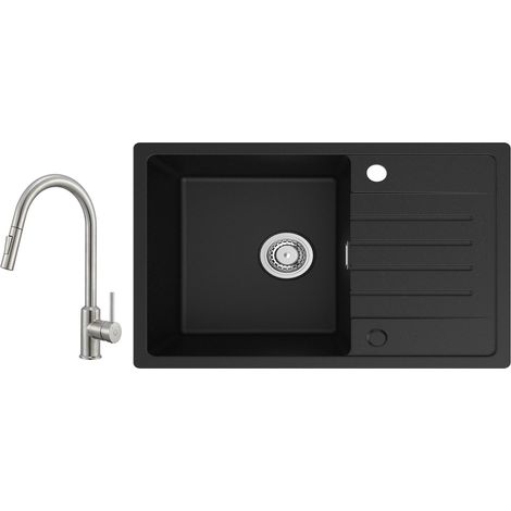 Lavello da Cucina Cecipa 1 Vasca con Gocciolatoio, Lavello da Cucina in Quarzo e Resina 78x45 cm Lavello Nero di Grande Capacità + Miscelatore da Cucina con Doccetta Estraibile - 2 Modalità di Uscita  (1/5)