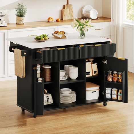 Carrello da cucina con ruote e piano ribaltabile, 2 cassetti, 2 ante, nero DESVIAE (1/5)