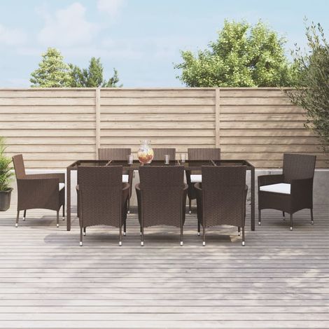 Ensemble Table et Chaise de Jardin Contemporain Ensemble à manger de jardin et coussins 9 pcs marron poly rotin 28307 (1/5)