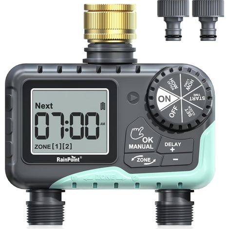 2 Way Water Timer with Brass Inlet, Automatic Watering Timer with Rain Delay/Manual Watering for Garden (1/5)
