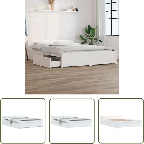 The Living Store Cadre de lit sans matelas avec tiroirs blanc 140x200 cm - Cadre De Lit - Lit Double - Lit Blanc - Lit Design - Meuble De Chambre (1/5)
