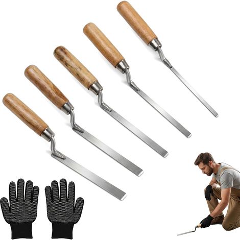 Lot de 5 truelles à joints avec manche en bois (largeur 6/8/10/12/15 mm) avec 1 paire de gants pour pointeur, mortier, carrelage, ciment et spatule à joints (1/5)