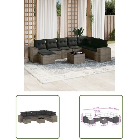 The Living Store Salon de jardin 9 pcs avec coussins gris résine tressée - Ensemble Salon De Jardin - Meuble De Jardin - Résine Tressée - Rotin Synthétique - Mobilier D'extérieur (1/3)