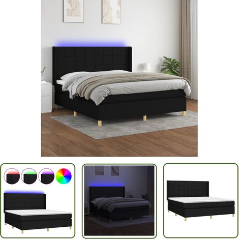 The Living Store Sommier à lattes de lit matelas et LED Noir 160x200 cm Tissu - Sommier Tapissier - Lit Plateforme - Lit Avec Led - Matelas À Ressorts Ensachés - Têtière Ajustable (1/5)