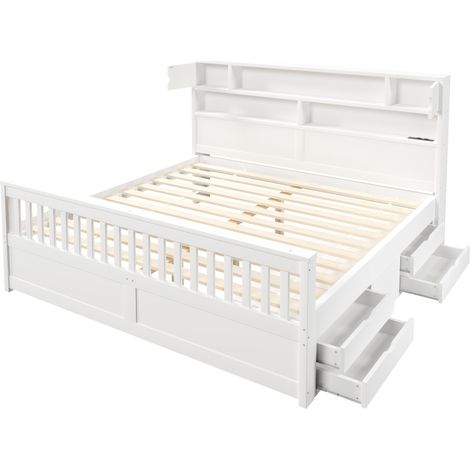 Estructura cama plataforma 180 x 200 cm blanca con estante, LED, USB y 4 cajones MODENUIT (1/5)