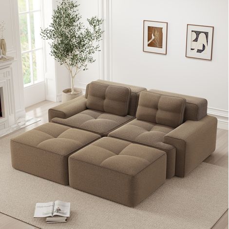 MODFU – Sofá modular con asiento de 74 cm, otomana y tapizado de pana, espuma 32D – Marrón (1/5)