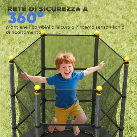 Tapis de saut pour enfants avec filet protecteur et poteaux capitonnés, noir, Ø140 x 190 cm, adapté de 3 à 10 ans