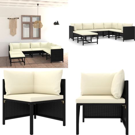 Set Divani da Giardino 8 pz con Cuscini in Polyrattan Nero - Divano angolare - Divano centrale