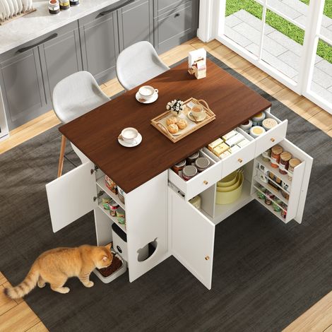 Isola da cucina con piano estensibile, 3 cassetti, vano per animali, bianco noce DESVIAE (1/5)