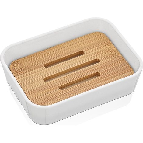 Portasapone in finitura bianca opaca con inserti in bambù (1/5)