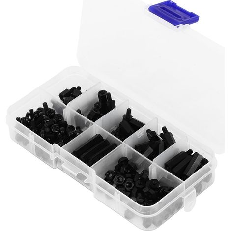 Lot de 180 pièces vis écrous nylon M3, entretoises mâle-femelle, kit assortiment noir, fixation hexagonale, visserie polyamide, boîte de rangement. (1/5)
