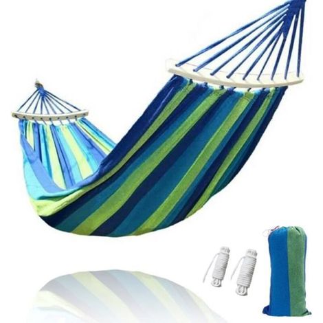 Comfortable Single-Person Hammock - Blue Striped Fabric - Ideal for Camping, Hiking, Travel, and Beach