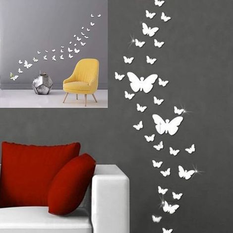 30 Pieces Silver Butterfly Mirror Effect Wall Stickers, Mirror Decoration for Living Room, Furniture, Bedroom, Television, Acrylic Wall Adhesive Film, TV Stick Design (1/4)