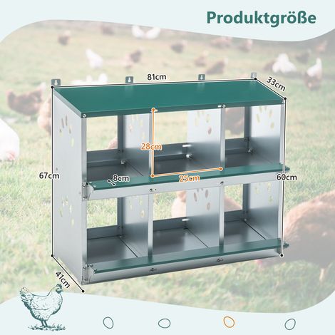 Boîte de nidification pour poules à 6 compartiments avec un design de roulage des œufs à 86° – nids individuels avec un fond incliné permettant de ramasser facilement et de protéger contre les casses. (1/5)