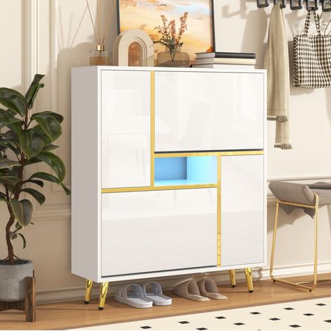Scarpiera in truciolare bianco 80 x 25 x 96 cm, 2 ante, ripiani regolabili e LED 16 colori (1/5)