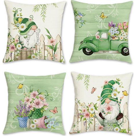 JSSEVN - Flower Cushion Cover 45 x 45 cm Spring Flowers Leaves Truck Farm Green Decorative Pillowcase for Sofa Home Garden Decoration 4 Pieces (1/5)