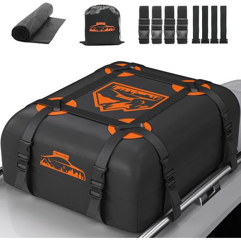 Coffre de Toit Voiture 15CFT/425L, Coffre de Toit Voiture étanche 700D Orange, Coffre de Toit avec Tapis Antidérapant et 8 Sangles D'arrimage, Coffre de Toit Plegable Con/Sin Bacas (1/5)