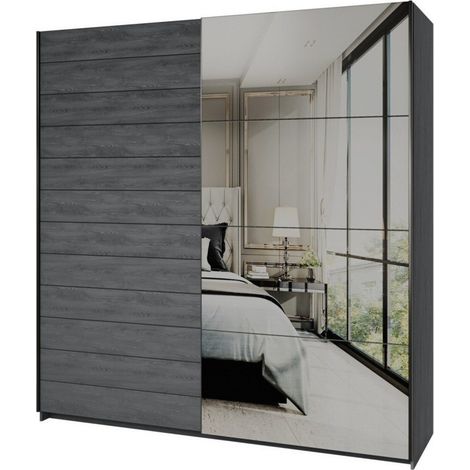 Armario Levruvu 105, Roble gris + Negro, 210x200x61cm, Puertas de armario: Correderas, Número de estantes: 5