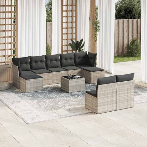 Ensemble de canapé de jardin 10 pièces avec coussins, en polyrotin gris clair