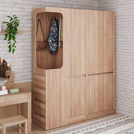 Armadio 140x40x170cm 4 anta 4 cassetti capiente appendiabiti scomparti salvaspazio legno naturale legno camera (1/5)