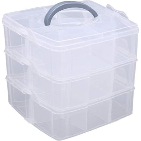 3-Tier Stackable Transparent Plastic Storage Box, Sorting Box with Handle, Maximum 18 Compartments (1/4)