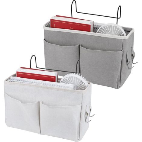 2 Pièces Poche de lit,Organisateur Etagere Lit en Toile Imperméable Panier de Lit Chevet Suspendu,Poche de Lit pour l'école de Bureau à Domicile(Gris,Blanc) (1/4)