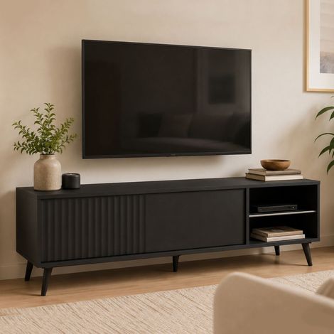 Armario para TV Lilemi, 2 estantes, una puerta, con patas, 135x40x48h cm negro (1/3)