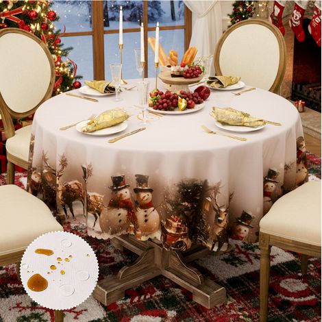 Tovaglia natalizia - Tovaglia rotonda impermeabile e resistente - Tovaglia decorativa per la casa - Pupazzo di neve natalizio - Rotonda - Diametro 140 cm (1/5)