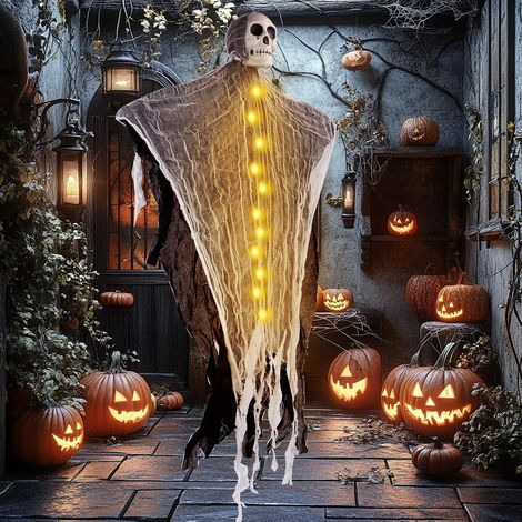 Fantôme d'Halloween à LED, 80 cm, à suspendre, squelette suspendu, rideau de porte, accessoire de tête de mort LED pour décoration de fête (1/5)